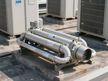 Close-up of a commercial rooftop HVAC condenser unit freshly installed, refrigerant lines wrapped and labeled, afternoon daylight casting sharp shadows across the mechanical equipment