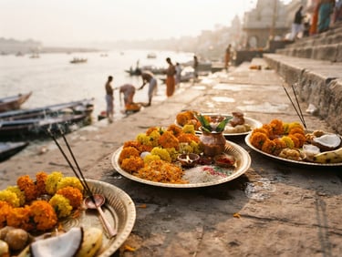 Soft morning sunlight illuminating brass puja plates with marigolds and rice on the stone steps of Falgu River, shallow depth of field, warm editorial photography, 35mm