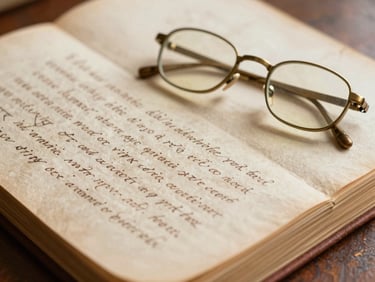 Close-up of ancient handwritten family lineage ledgers on handmade paper, brass spectacles resting on the page, soft warm morning light, shallow depth of field.