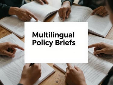 Cover of a research report titled 'Multilingual Policy Briefs', showing open reports in different languages, hands pointing to text, soft natural light, muted earthy tones.