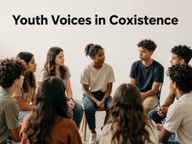 Cover of a research report titled 'Youth Voices in Coexistence', featuring a diverse group of young people in active discussion, soft natural light, muted earthy tones.