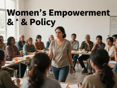 Cover of a research report titled 'Women's Empowerment & Policy', featuring a woman leading a community workshop, soft natural light, muted earthy tones.