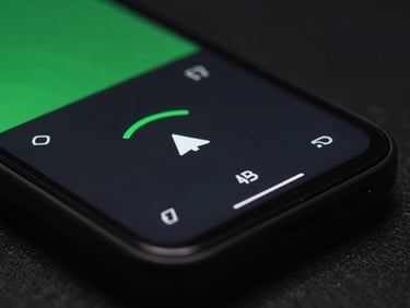Macro close-up of a minimalist media player interface on a physical Android phone, dark mode UI with electric green accents, moody low-key studio lighting, shallow depth of field