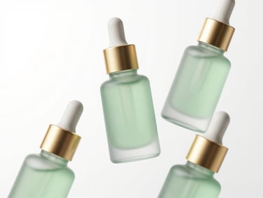 Floating 3D render of frosted light-green serum bottles with liquid gold caps, high-key studio lighting with soft realistic shadows, clinical white background