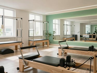 Modern, spacious reformer pilates studio with abundant natural light, clinical green accents, clean wooden reformer machines, professional and sterile atmosphere