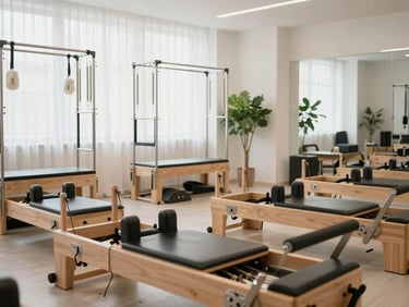 Geniş ve bol gün ışığı alan, steril ve modern bir pilates stüdyosunda reformer cihazı, arka planda yeşil yapraklı bitkiler, yumuşak doğal ışık, minimalist klinik atmosfer.