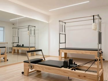 Bright and sterile reformer pilates studio interior, clinical minimal design, wooden reformer equipment, soft natural light