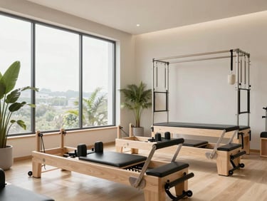 Clean and elegant clinical pilates room, large windows with daylight, high-end reformer machines, botanical green touch