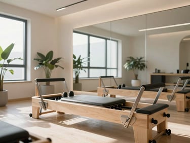 Sterile and modern wellness studio, professional reformer apparatus, bright sunlight, premium clinical aesthetic
