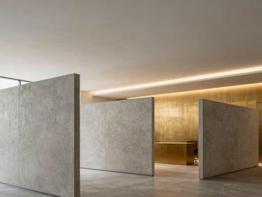 Architectural view of a minimalist office interior featuring clean gypsum partitions and a perfectly smooth flat ceiling, soft natural light.