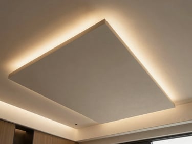 Low angle shot of a modern floating gypsum ceiling with warm integrated LED lighting, clean geometric lines, minimalist interior, architectural focus.