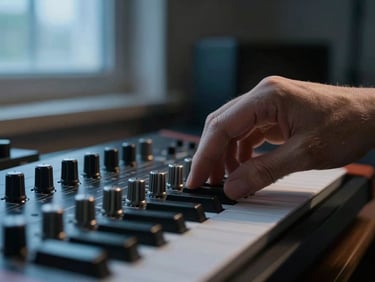 Extreme close-up of hands adjusting metal dials on an analog synthesizer in a dark studio, soft blue-hour light coming from a side window, shallow depth of field.