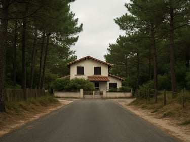 Wide street-level view of a Capbreton residential lane near the dunes, a detached house set back behind a low gate, dune pines lining the road, soft overcast daylight