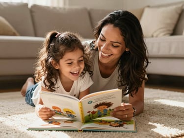 A Brazilian mother and her young daughter laughing together while reading an illustrated children's book on a cozy living room rug, warm afternoon daylight