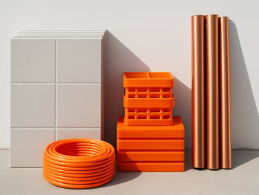 Bright commercial photography of neatly organized construction materials, clean ceramic tiles and copper pipes stacked against a white wall, vibrant orange accents, crisp daylight, sharp focus, 35mm