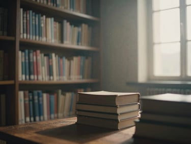 Cinematic 35mm still of a dimly lit library interior, soft warm light illuminating dust motes, rich shadows, thoughtful mood.
