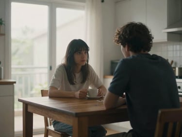 Cinematic 35mm still of two people sitting at a wooden kitchen table, soft morning light, quiet domestic atmosphere, low contrast.
