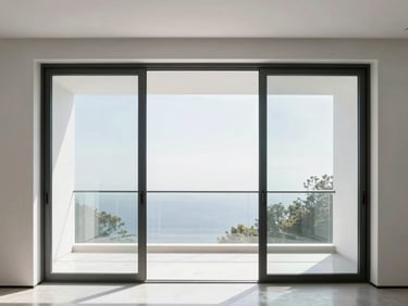 Sleek modern sliding glass doors in a luxury living room, wide architectural view, bright daylight, minimal interior design.
