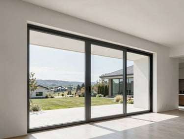 Massive lift and slide door system in a contemporary home, connecting a spacious interior with a panoramic outdoor view, architectural lens.