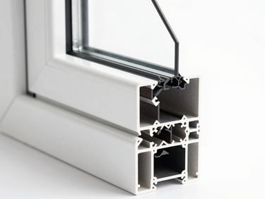 Macro shot of a UPVC window profile cross-section highlighting multi-chambered thermal barrier, clean white and charcoal tones.