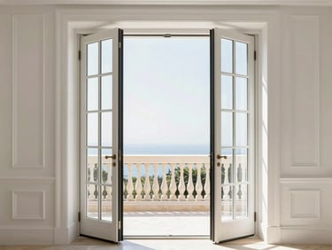 Elegant French doors in a high-end villa, open to a balcony, bright natural light, crisp architectural details.
