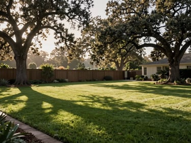 Wide environmental shot of a manicured estate lawn bordering a clean-cut fence line, low-angle morning sun filtering through mature oak trees