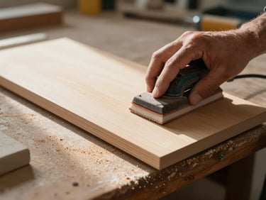 Tight shot of a cabinet door being sanded smooth on a workbench, dust particles visible in morning light, painter's hand holding a sanding block with focused intent