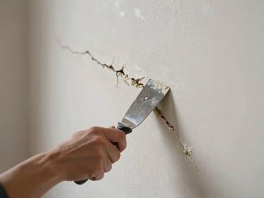 Close-up of hands applying joint compound to a drywall crack with a putty knife, the repaired surface smooth under diffused interior daylight, texture of the surrounding wall visible