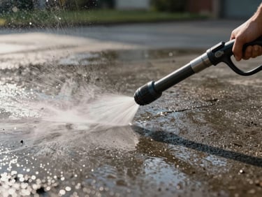 Pressure washer wand blasting grime from a concrete driveway at close range, water spray and debris visible against a dark wet surface, morning light catching the mist