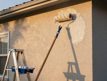 Painter applying exterior paint to a residential facade with a roller on an extension pole, early morning golden light raking across the textured stucco surface, ladder and paint tray in frame