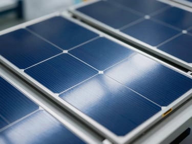 Abstract macro shot of solar cell panels under inspection, brilliant blue silicon wafers reflecting clean laboratory lighting