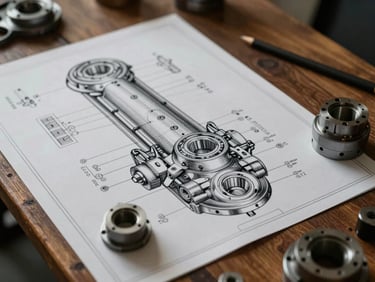 Detailed industrial blueprint of heavy machinery components laid out on a dark wooden table, soft warm light focusing on technical annotations