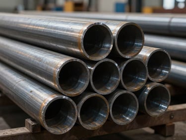 Macro shot of high-grade raw industrial steel pipes stacked in a factory warehouse, dramatic side lighting highlighting the polished metallic edges