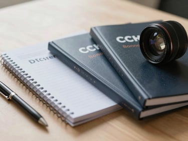 Close-up of physical professional study guides, high-quality notebooks, and a pen resting on a light wood desk, soft natural side lighting.