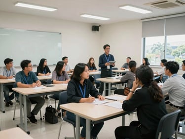 A medium-wide environmental shot of a modern clean classroom in Jakarta, professional participants collaborating during a seminar break.