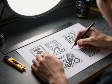Close-up overhead of hands arranging printed graphic design layouts on a dark studio table, precise ruler and X-Acto knife beside the sheets, high-contrast studio light from above
