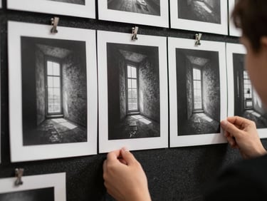 Student photography portfolio prints pinned to a dark corkboard in a studio, crisp black-and-white prints of architectural details, side-lit from a narrow window, hands visible adjusting one print