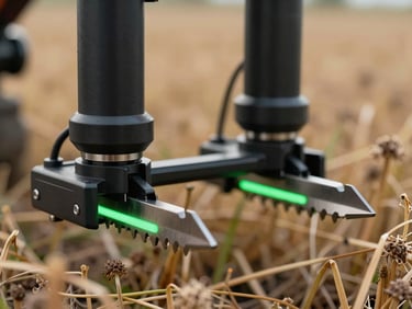 Macro close-up of Agri Robot's dual-motor crop cutting attachment, razor-sharp steel blades positioned over dry field weeds, high-contrast green rim lighting.