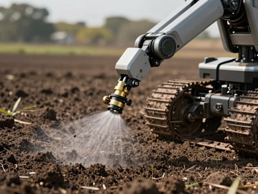 Low-angle heroic tracking shot of Agri Robot spraying a fine mist over dark soil, harsh outdoor daylight highlighting the brass nozzle spray pattern.