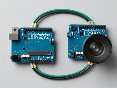 Top-down schematic-style view of the Arduino UNO V2 controller and L298N motor driver wired neatly with exposed green and black harnesses.
