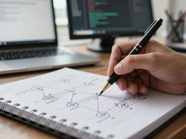 Close-up of a hand writing on a technical diagram on a notepad, a second monitor with code or a dashboard visible in the background, window light, sharp focus, São Paulo office environment