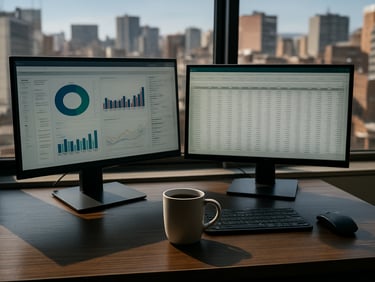 A desk with two monitors displaying a CRM dashboard and a spreadsheet, a coffee cup mid-frame, Bogotá city blocks visible through a window behind, noon daylight, high contrast
