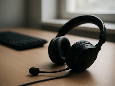 Close-up of a headset resting on a tidy desk beside a keyboard, daylight from a window, sharp focus on the headset cord, neutral workspace background, high contrast