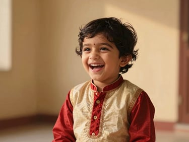 A joyful young child in traditional Indian festive clothing laughing, warm golden-hour indoor light, soft focus background.