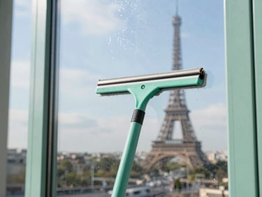 Squeegee cleaning a large glass window pane, reflecting bright Parisian sky and natural daylight, water droplets visible, sharp focus.
