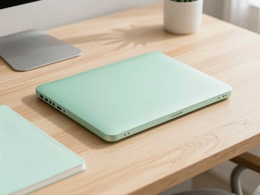 Detail shot of a clean modern desk with minimalist stationery, bright natural daylight, sharp focus on the dust-free wooden surface.