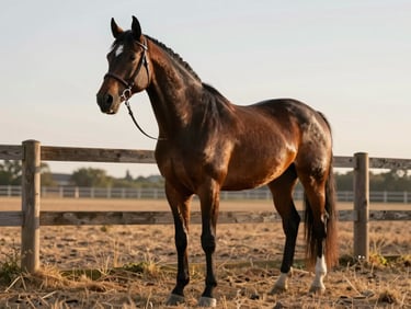 Dark bay mare standing square in an outdoor pen at golden hour, Western bridle on, handler at her shoulder checking her stance, dry grass and wooden rail fence behind