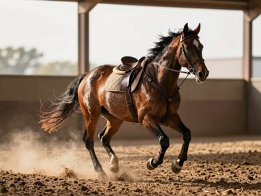 Sorrel Quarter Horse gelding in motion during a working session, rider in Western tack mid-lope, dust rising from arena floor, late afternoon barn light warm across the horse's back
