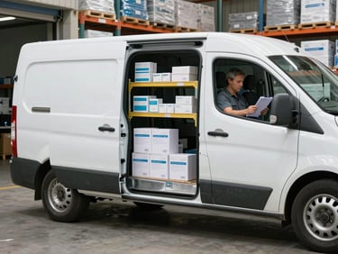 White minivan at a medical supply warehouse loading bay, side door open revealing organized shelving of boxed supplies, driver checking manifest on clipboard