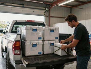 Pickup truck at a warehouse loading bay, bed loaded with sealed medical crates, overhead bay door open, natural light pouring across the cargo bed, driver tightening straps